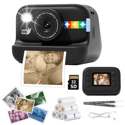 Instant Print Camera for Kids with 5 Color Print Paper, 48MP Photo 1080P Video, 21 Fun Frames, 32GB Card, Birthday for Girls Boys Age 3 4 5 6 7 8 9 10 11 12 Years Old Black