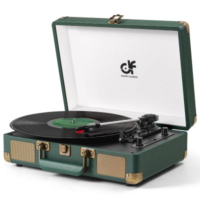 Vintage Dark Green Suitcase Record Player 3-Speed Portable Turntable with Built-in Stereo Speakers, Bluetooth USB Recording & Auto-Stop LP Player with RCA Ouput AUX, Headphone Jack