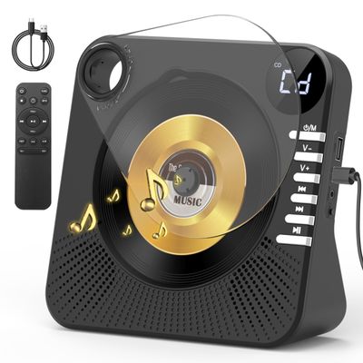 CD Player with HiFi Dual Speaker Bluetooth,Desktop CD Player for Home Black with Remote Control,Dust Cover,LCD Display,Sleep Timer,EQ Sound,USB/AUX/3.5mm Earphone Jack Kids,Gift