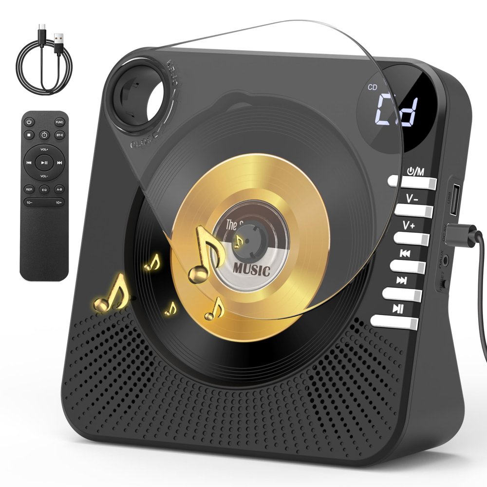 CD Player with HiFi Dual Speaker Bluetooth,Desktop CD Player for Home Black with Remote Control,Dust Cover,LCD Display,Sleep Timer,EQ Sound,USB/AUX/3.5mm Earphone Jack Kids,Gift