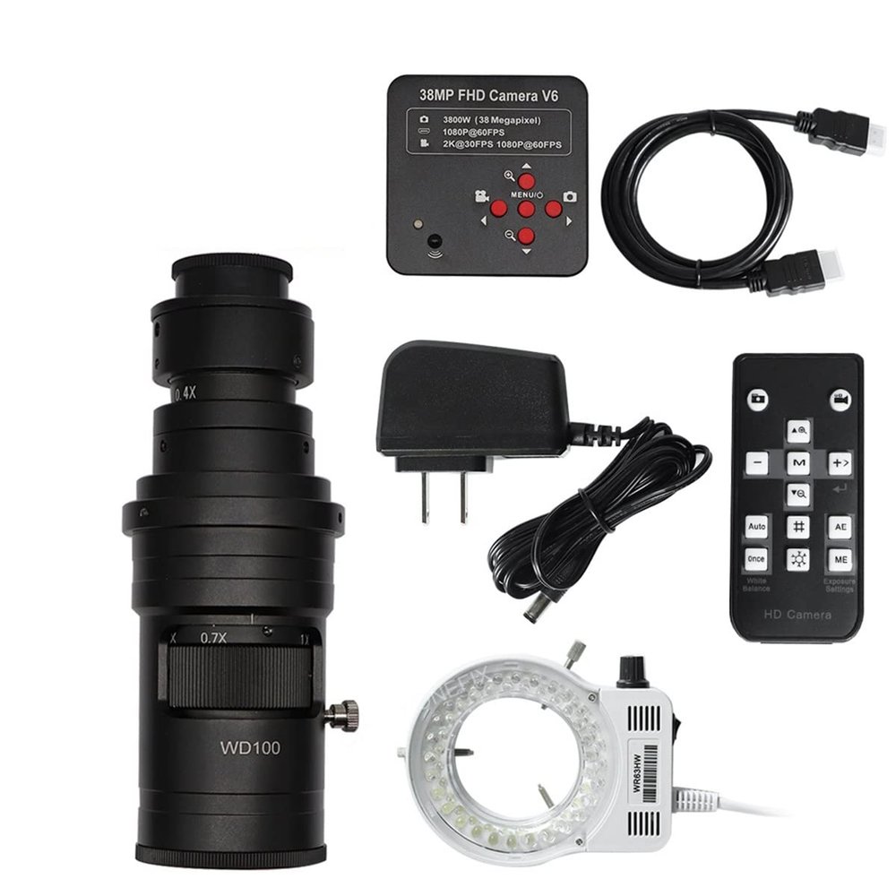 Microscope Accessories Kit Full H_D 38MP VGA 1080P USB Industry Video Microscope Camera with 0.1X 0.4X 0.5X Adjustable Zoom C Mount Lens 56 LED Ring Light Microscope Slides