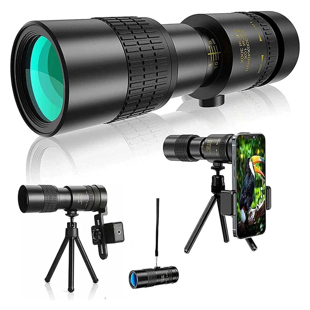 4K 10-300x40mm HD Zoom Monocular Telescope - Waterproof and High Definition with Smartphone Holder & Tripod for Wildlife Bird Watching and Hiking