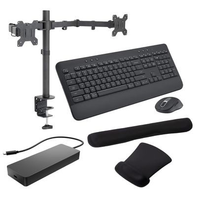 HP Universal Multiport Dock, Dual 4K Displays for Business and Display Port Bundled with Desk Mount Dual Monitor Stand, MK650 Wireless Keyboard/Mouse Set and Gel Pads