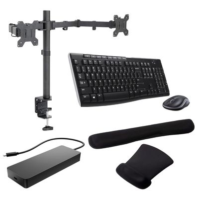 HP Universal Multiport Dock, Dual 4K Displays for Business and Display Port Bundled with Desk Mount Dual Monitor Stand, MK270 Wireless Keyboard/Mouse Set and Gel Pads
