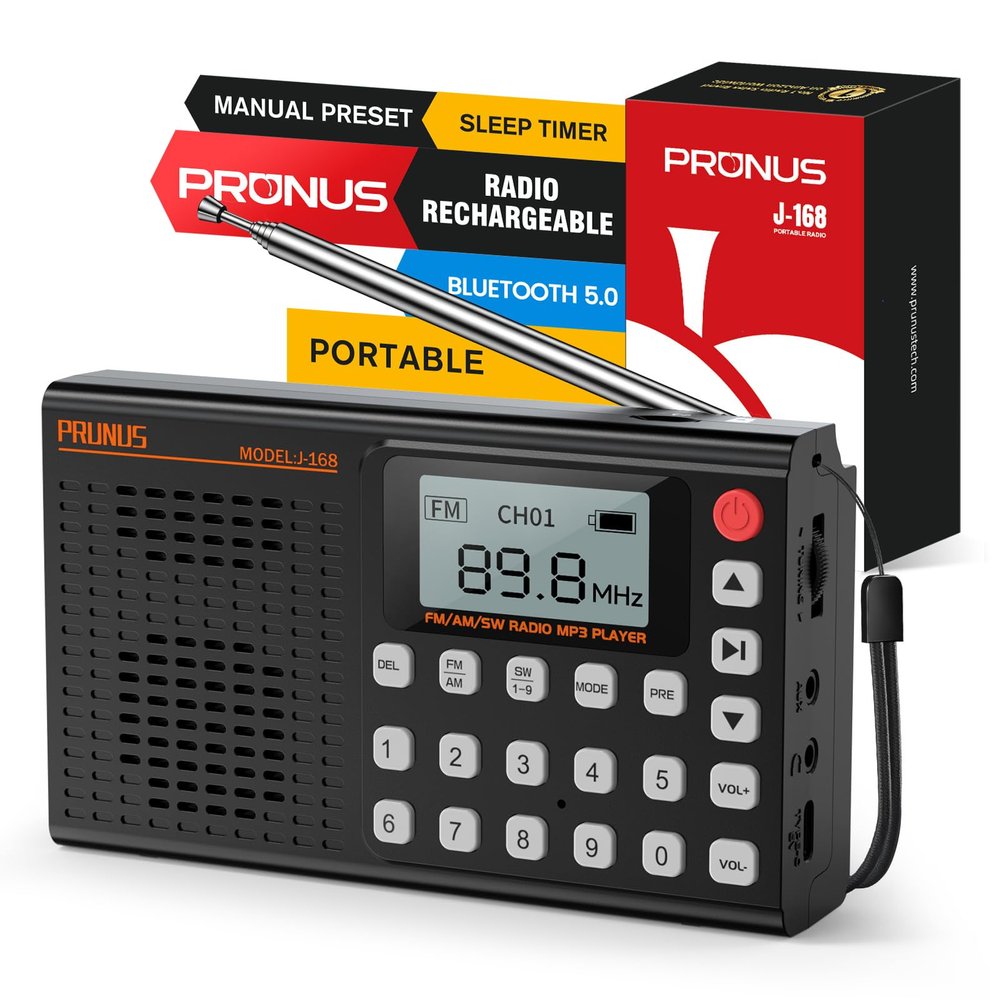 PRUNUS J168 AM FM Radio Bluetooth Speaker, Preset, Excellent Reception, TF Card Playback, Sleep Timer, USB C Charging, Headphone Jack, Long Antenna, Digital Radio AM FM