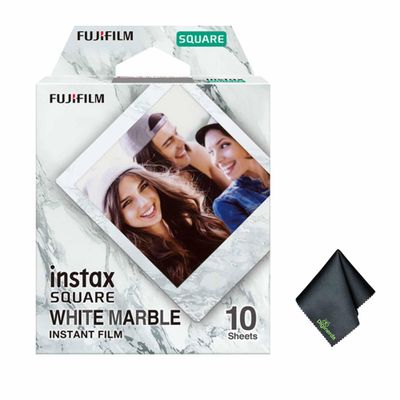 FUJIFILM INSTAX Square White Marble Instant Film (10 Exposures) Bundle with Microfiber Cleaning Cloth