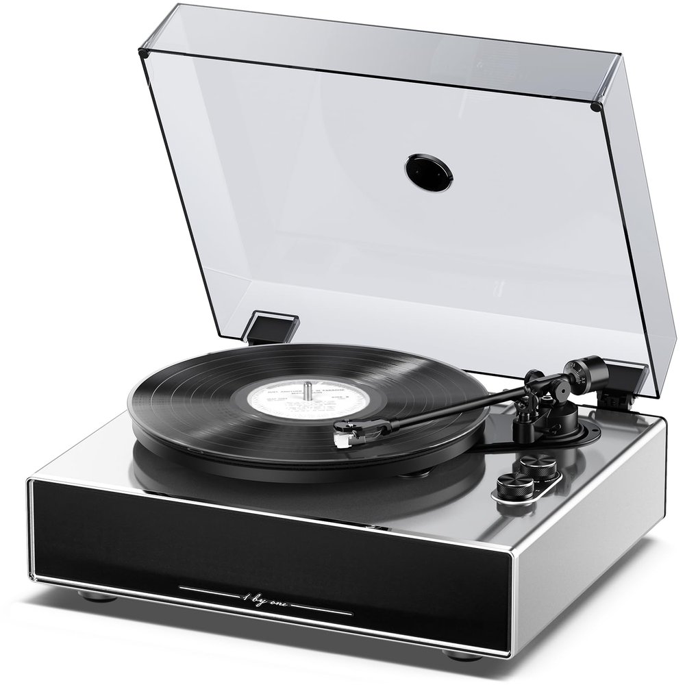 1 by ONE Record Player with Built-in Speakers, Stainless Steel Casing Turntable with DSP, AT-3600L Cartridge, Adjustable Counterweight, 33/45 RPM Vinyl Support, Phono/Line Output