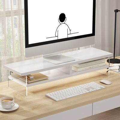 2-Tier Wooden Monitor Stand with Clear Acrylic Support Desktop Riser for Computer & TV White 60cm Multi-Media Ergonomic Elevation for Better Viewing