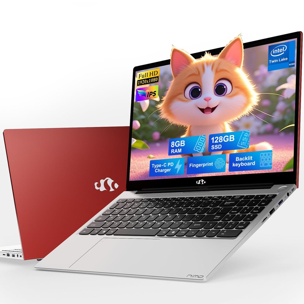 NIMO 15.6" IPS FHD-Student-Laptop, 8GB RAM 128GB SSD Intel N150(Beat i3-10110U, Up to 3.6GHz) Computer with 65W Type-C, Fingerprint, Backlit Keyboard, Wi-Fi 6, BT5.2, for Business and Home