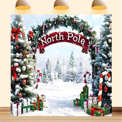 10X8ft Fabric North Pole Backdrop Christmas Winter Wonderland Enchanting Forest Pine Tree Arch Design Background Santa Workshop Party Decorations for Family Holiday Photo Banner Props