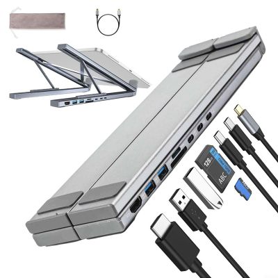 8-in-1 USB C Laptop Docking Station Stand, Multiport Adapter Computer Cooling Stand, Adjustable Tablet Stand with SD/TF Card Slots Fast Charging, Cooling Riser Office Workstation Hub
