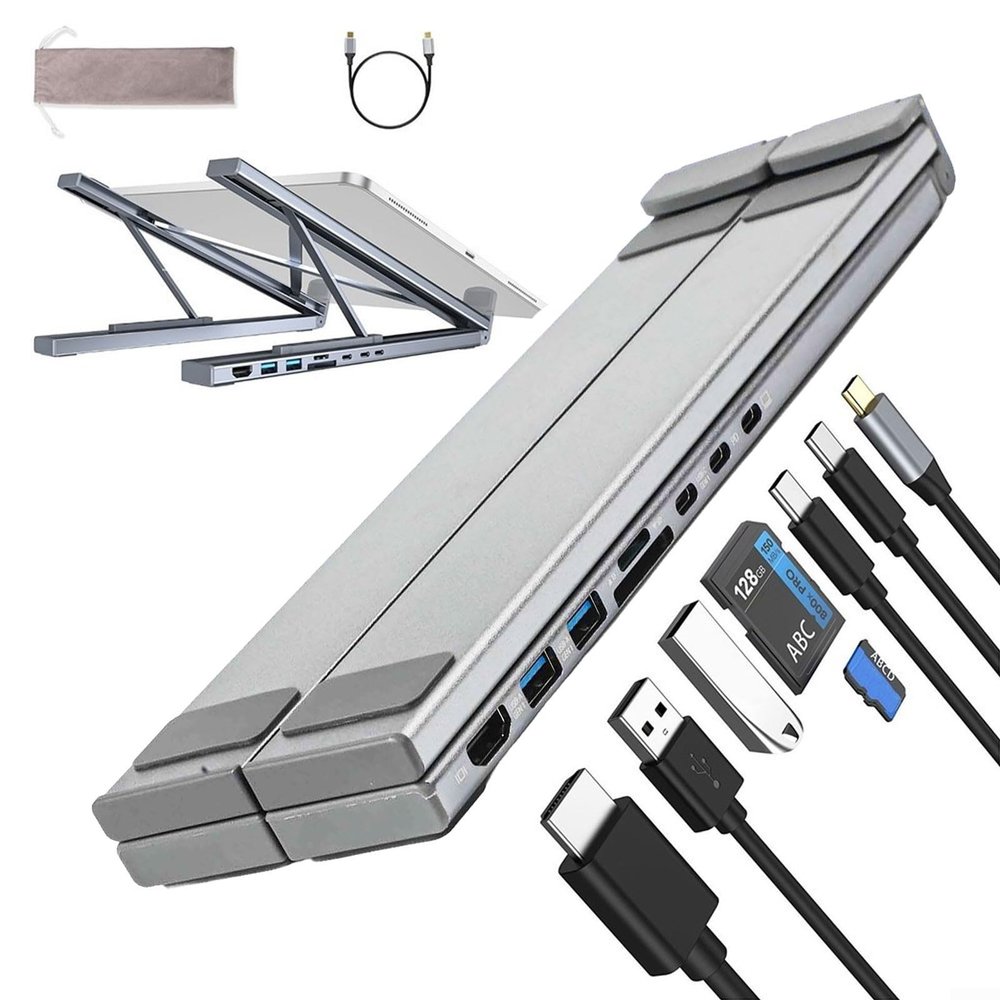 8-in-1 USB C Laptop Docking Station Stand, Multiport Adapter Computer Cooling Stand, Adjustable Tablet Stand with SD/TF Card Slots Fast Charging, Cooling Riser Office Workstation Hub
