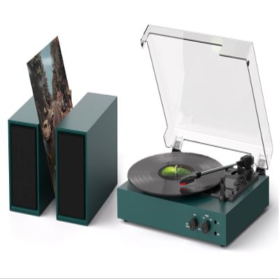 Retro Bluetooth Record Player with External Speakers, 3-Speed Belt-Drive Turntable, USB to PC Recording, AUX & RCA Output, Auto Stop, Vintage Vinyl Player with Modern Design, Green