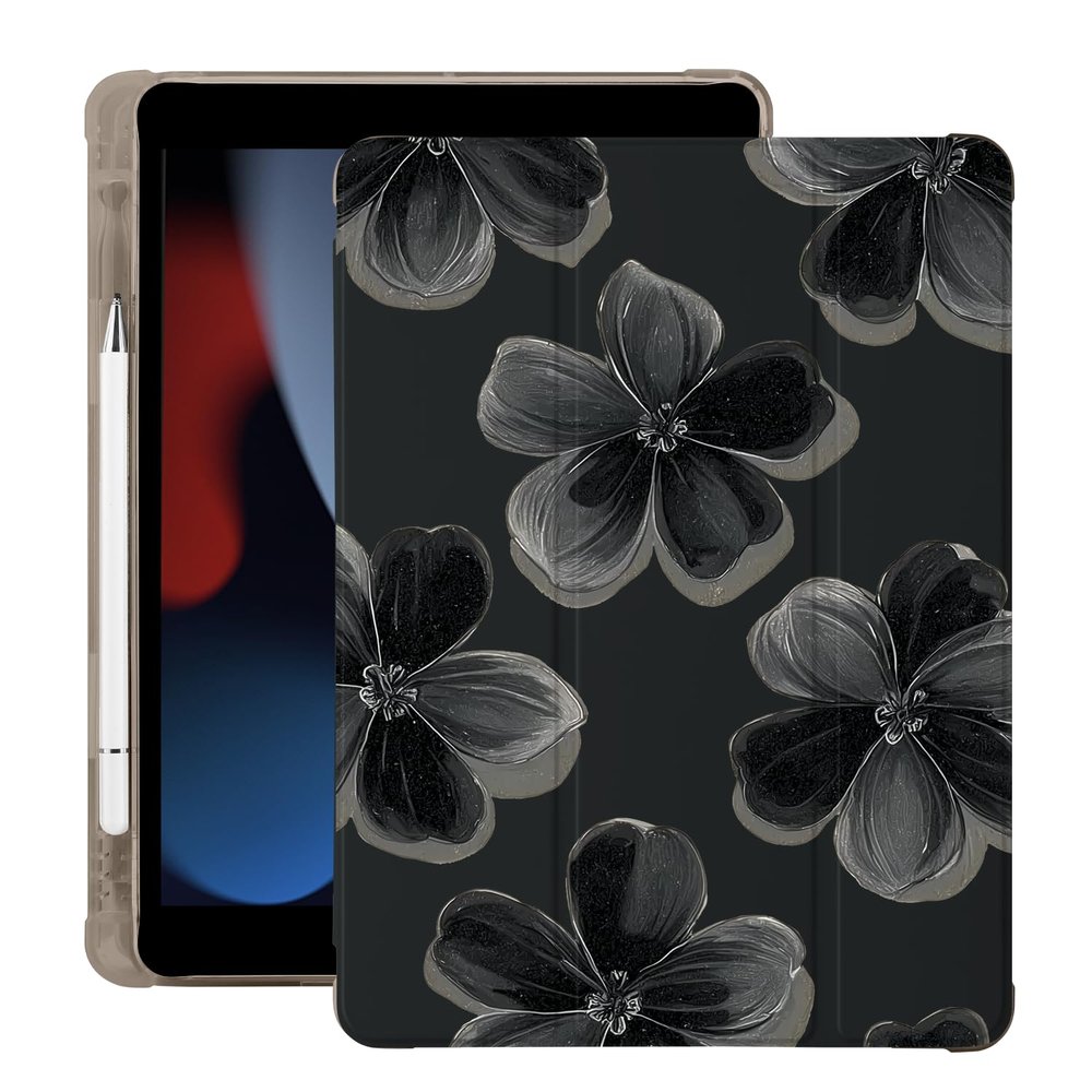 BlHMCASE Cute Flower Floral for iPad Air 3 Case with Pencil Holder, Auto Sleep/Wake, Black Leather Soft TPU Back Cover for iPad Pro 10.5 Inch 2017
