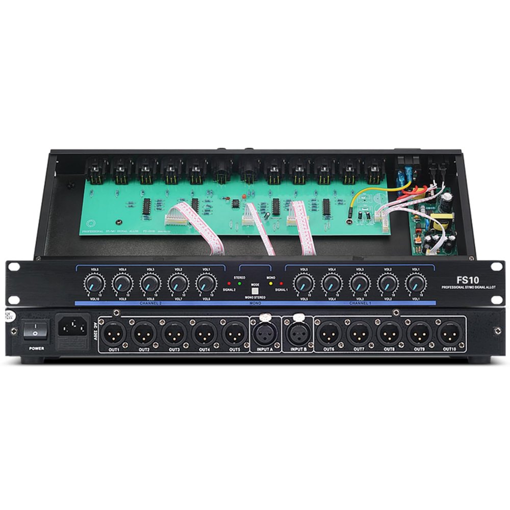 2 in 10 Out Stereo Audio Signal Distributor, Professional Audio Signal Distributor, with Independent Volume Adjustment, 5-Channel Stereo, 10-Channel Mono, for Home Speakers