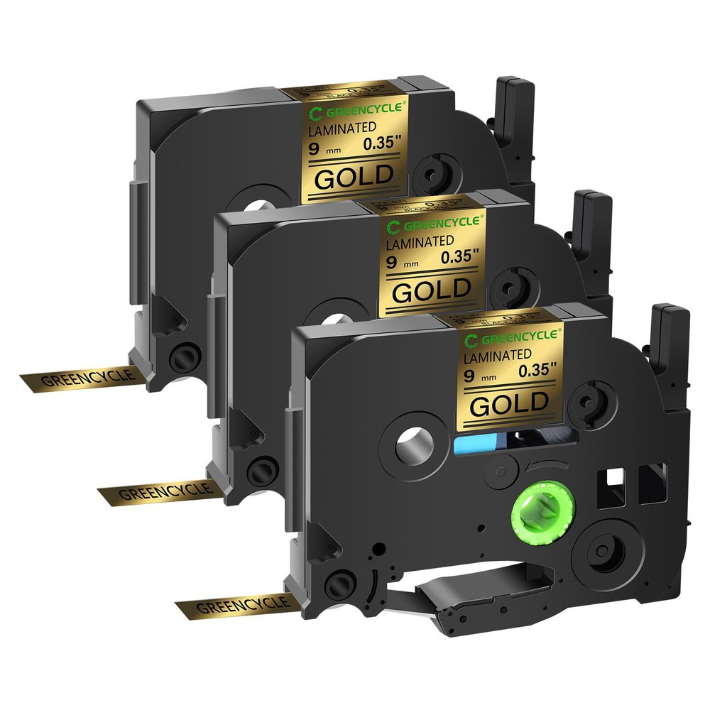 GREENCYCLE Compatible for Brother P-Touch Label Tape TZe-821 9mm 0.35" Laminated Gold TZe821 TZ-821 TZe TZ 3/8 inch Black on Gold Label Tape for PT-D210 PT-D400 PT-D450 PT-D600 PT-D200, 3 Pack