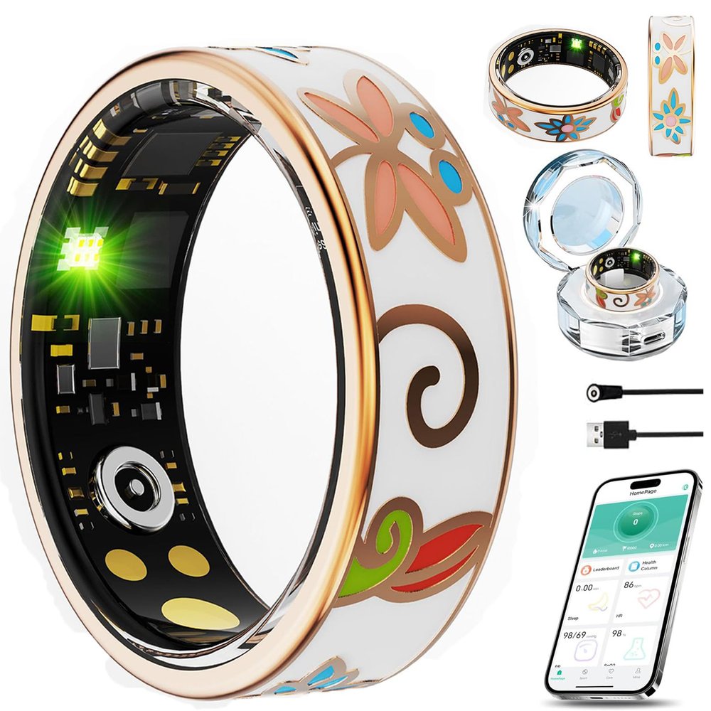 2025 New Oracle Smart Ring for Women Men, Smart Ring with 24/7 Heart Rate Blood Oxygen Blood Pressure Sleep Monitoring Step Counting Ip68 Waterproof No Monthly Fees (Charging Case, Enamel Gold, #13)