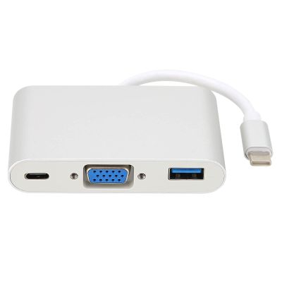 Type C to VGA 3 in 1 Adapter, USB 3.0 HUB with PD Fast Charge, Aluminum Alloy Multi Port Docking Station for Laptop, Mouse, Keyboard, U Disk, HD Monitor Connection, Silver