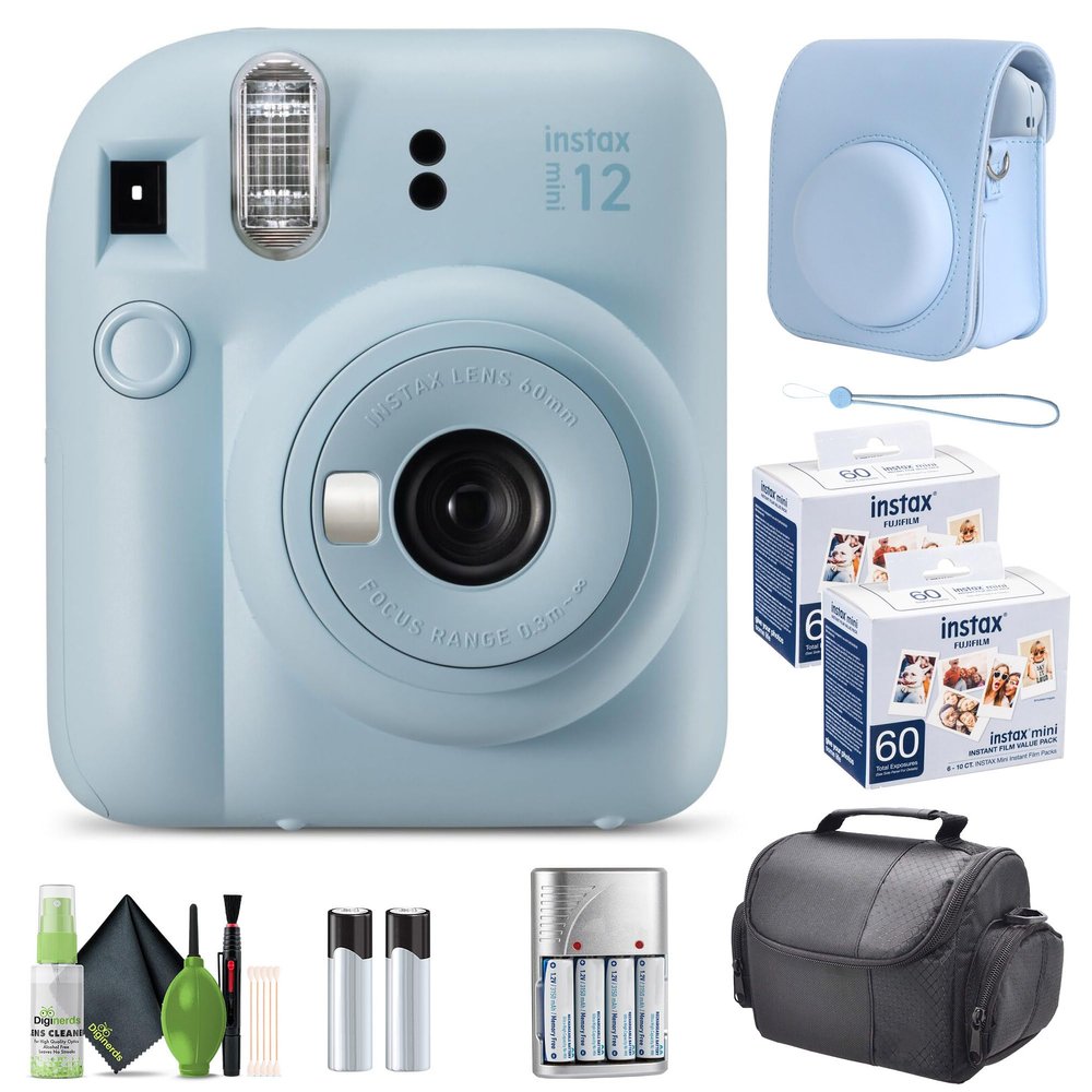 FUJIFILM INSTAX MINI 12 Film Camera Pastel Blue with Fuji Value Pack Instant Film - 60 Photo Sheets with Camera Case and Accessories Ideal Gift for Kids, Teenage Girl & Adults