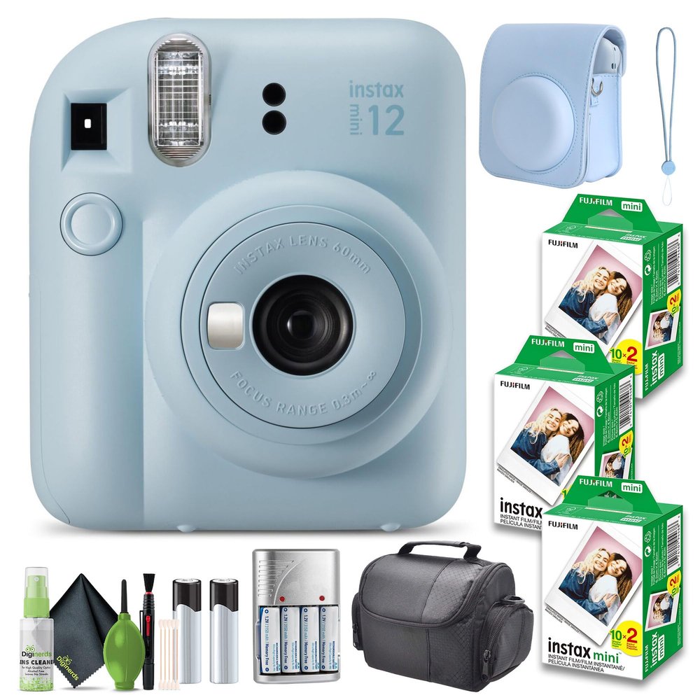 FUJIFILM INSTAX MINI 12 Film Camera Pastel Blue Bundle with Instant Film- 60 Photo Sheets with Camera Case and Accessories Ideal Gift for Kids, Teenage Girl & Adults