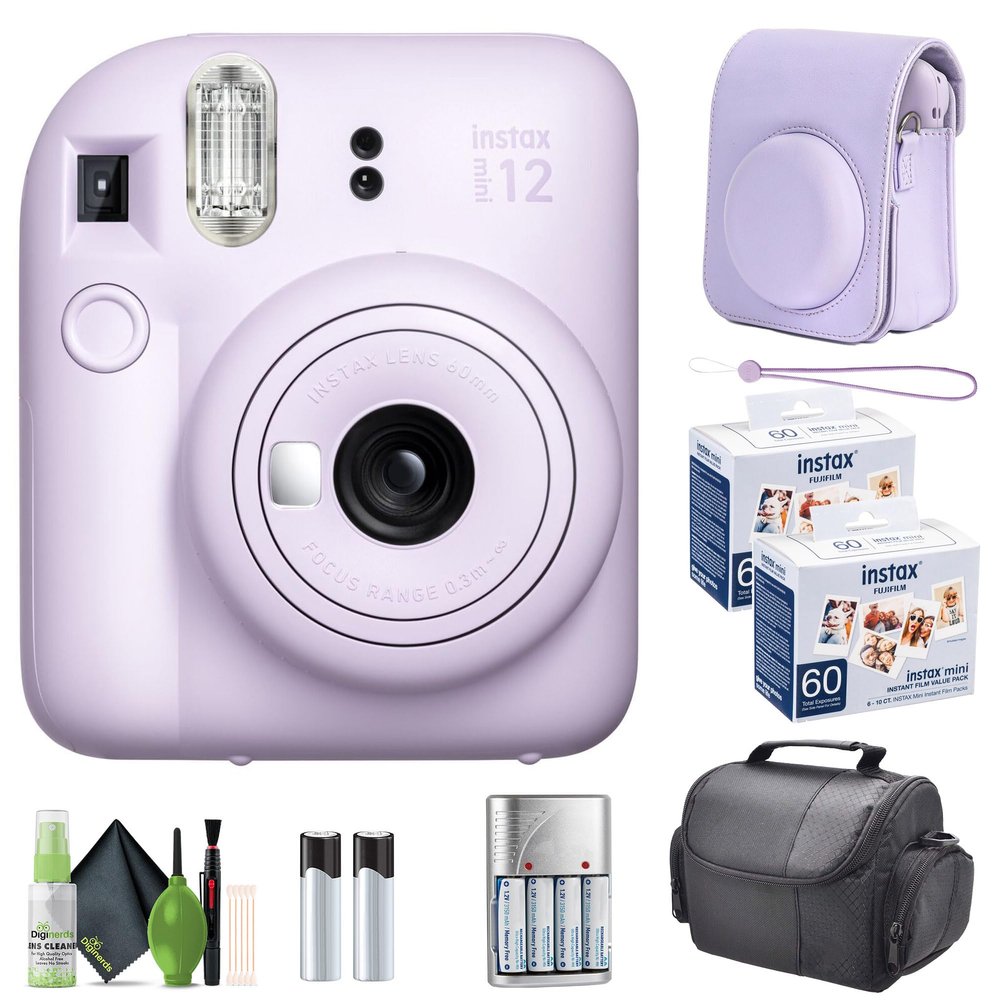 FUJIFILM INSTAX MINI 12 Film Camera Lilac Purple with Fuji Value Pack Instant Film - 60 Photo Sheets with Camera Case and Accessories Ideal Gift for Kids, Teenage Girl & Adults