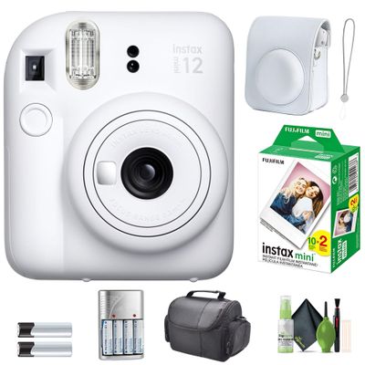 FUJIFILM INSTAX MINI 12 Film Camera Clay White Bundle with Instant Film 20 Photo Sheets with Camera Case and Accessories Ideal Gift for Kids, Teenage Girl & Adults