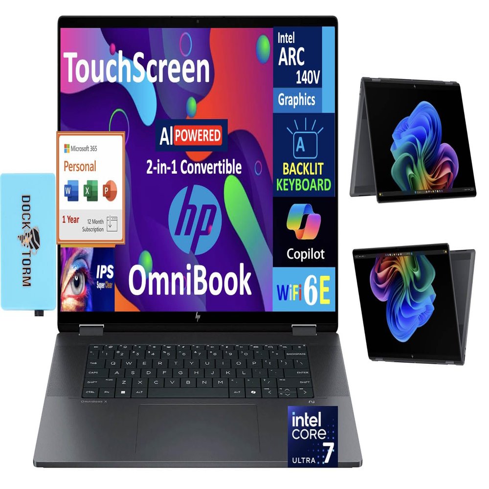 HP OmniBook X Flip AI Powered 2-in-1 (NextGen Envy x360) 16.0" Touch IPS WUXGA (Intel Ultra 7-258V, 32GB LPDDR5X, 2TB SSD, Backlit KB, Thunderbolt 4, WiFi 6E, Win11H) w/MS 365 Personal, DKZ Hub