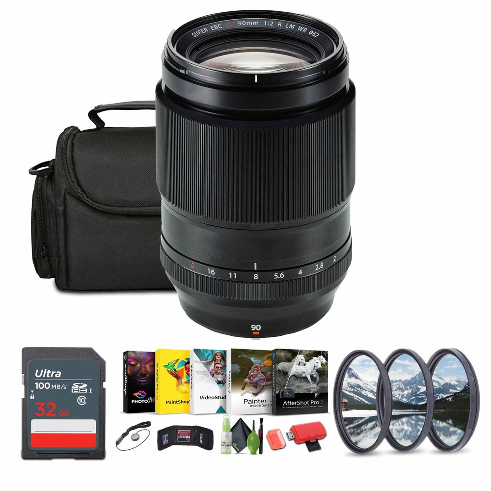 FUJIFILM XF 90mm f/2 R LM WR Lens Bundle with Soft Lens Case + 32GB Memory Card + 62mm 3 Piece High Resolution Filter Kit + Cap Keeper + More