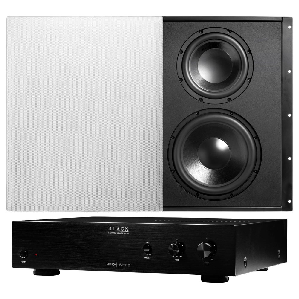 OSD Audio Premium in-Wall Dual Subwoofer & Amplifier Bundle - SAM300 300W Class A/B Mono Sub Amplifier w/ SL800D 300W Dual Driver Passive in-Wall Subwoofer