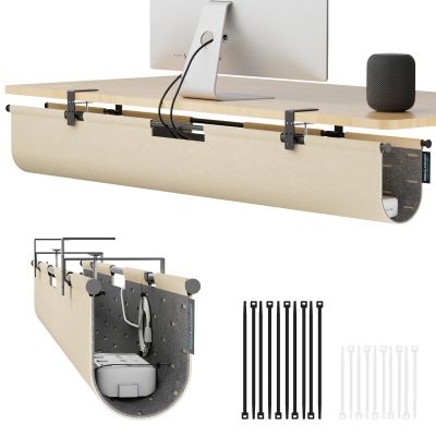 2-in-1 Under Desk Cable Management Tray & Privacy Panel, Dual-Sided Thick Felt Cord Organizer with 20 Cable Ties,Heavy Duty Steel Frame Support, No-Drill Clamp Mount,Large Capacity (Khaki/Gray, 45.2")