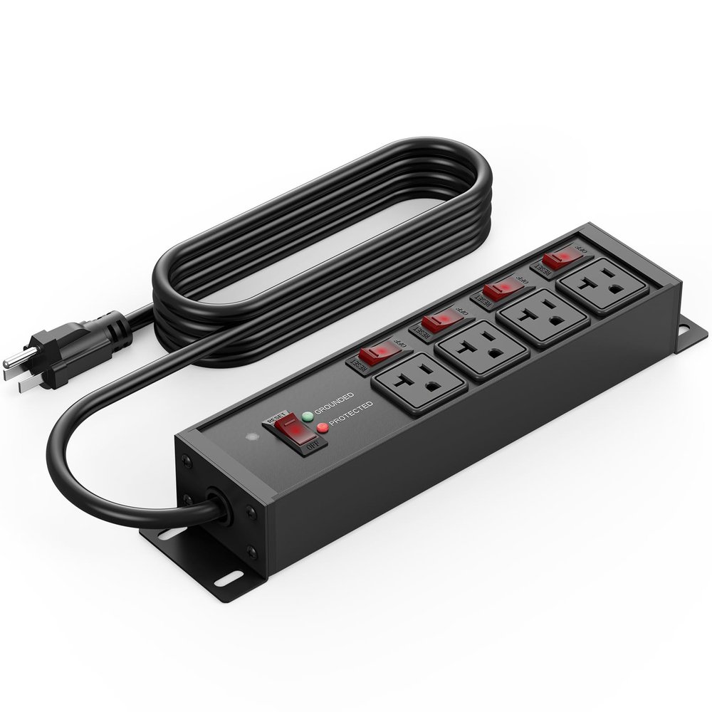 CCCEI Heavy Duty Surge Protector Power Strip 20 Amp Individual Switches. 6FT 12 Gauge Extension Cord with Multiple Outlets. Kitchen, Garage, Shop, Industrial Wall Mount Electric Extender, Black.