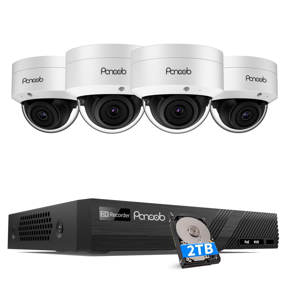 PANOOB 5MP PoE Security Camera System, 4X IK10 Vandal-Proof Dome IP Cameras Outdoor with Person Detection, Built-in Mic, 2.8mm Lens, 100ft IR Night Vision, 4K 8CH NVR with 2TB HDD, PD54A0408-5M2-1