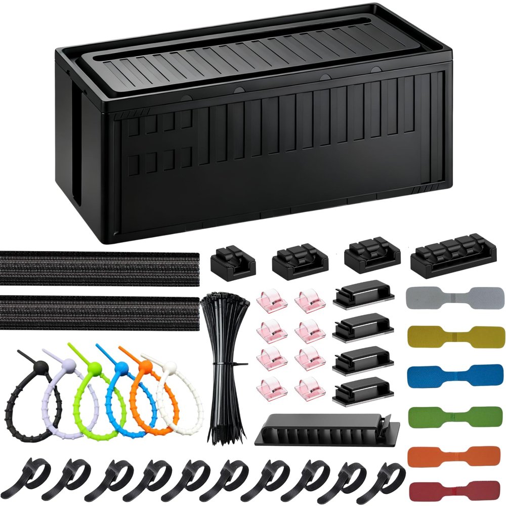 Cable Box - [142Pcs] Cable Management Kit, Medium Cord Hider Box to Conceal Power Strip Holder on Desk or Floor, Under Desk Cable Management Kit Cable Organizer Box, TV Cord Organizer Box, Black