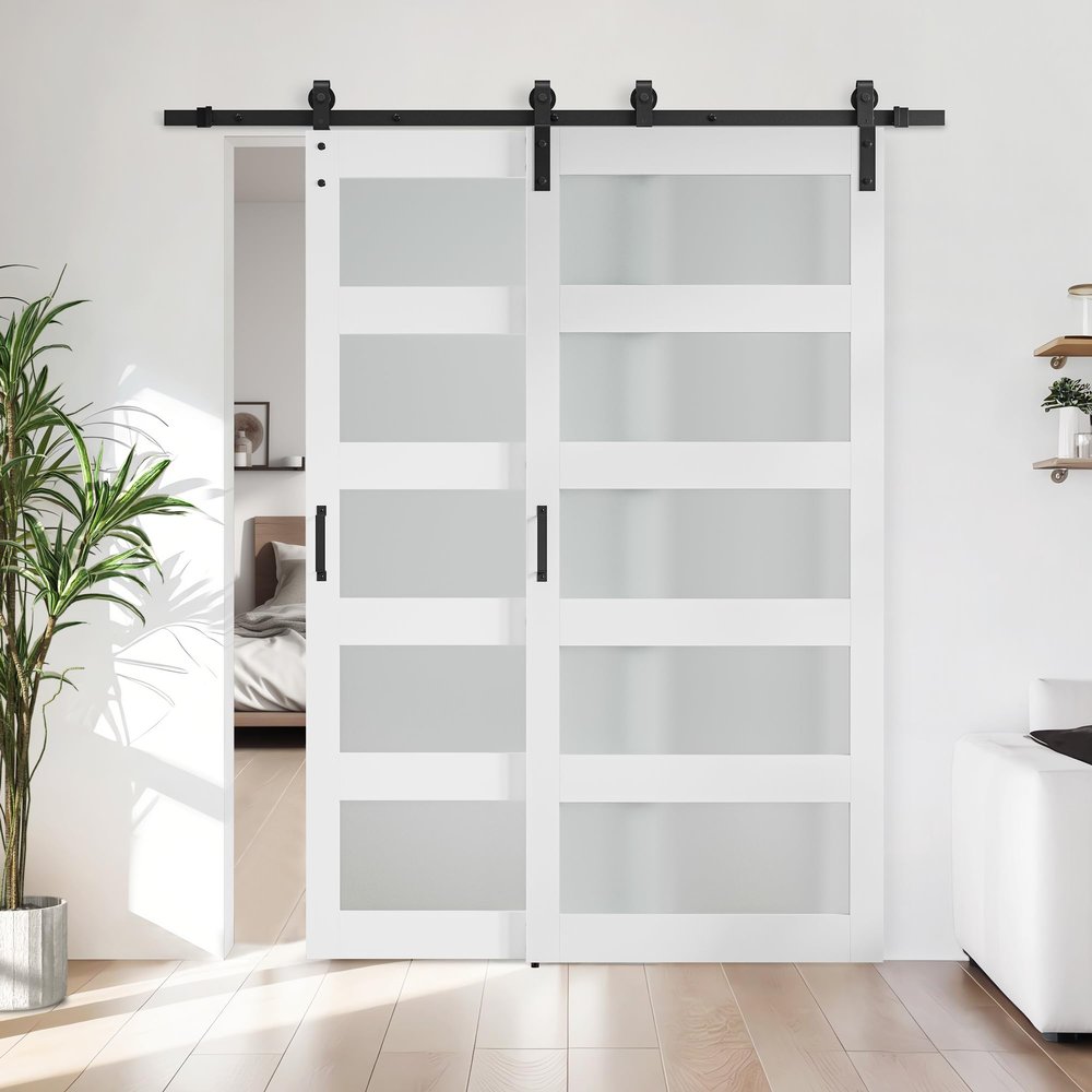 48''84 in. Glass Shape Bypass Manufactured Wood Barn Door with Installation Hardware Kit(Size not Include Overlap Area:7 inch)