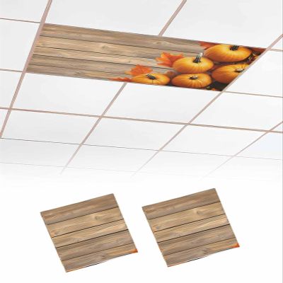 2 Pack Fluorescent Light Cover for Ceiling Lights, Fall Pumpkins Magnetic Classroom Light Filters 4x2 Feet, Thanksgiving Orange Maple Brown Wooden Grain Decorative Ceiling Shade Panel for Office