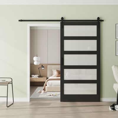 42in x 84in Glass Sliding Barn Door with 7FT Barn Doors and Hardware Included, 5-Panel Frosted Glass, Water-Resistant PVC Coating, Pre-Drilled Easy Assembly, Black, Fit Opening 38''-41'' x 82''