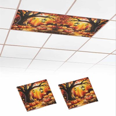 2 Pack Fluorescent Light Cover for Ceiling Lights, Orange Pumpkins Fall Magnetic Classroom Light Filters 4x2 Feet, Maple Leaves Forest Sunlight Autumn Decorative Ceiling Shade Panel for Office