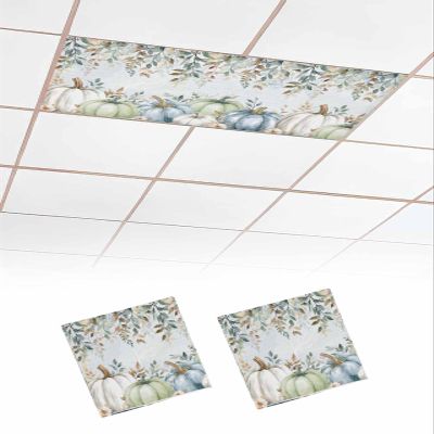 2 Pack Fluorescent Light Cover for Ceiling Lights, Green Blue Pumpkin Fall Magnetic Classroom Light Filters 4x2 Feet, Thanksgiving Eucalyptus Leaves Floral Decorative Ceiling Shade Panel for Office
