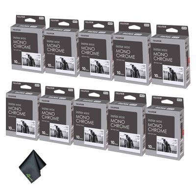 FUJIFILM INSTAX Wide Monochrome Instant Film (100 Exposures) Bundle with Microfiber Cleaning Cloth