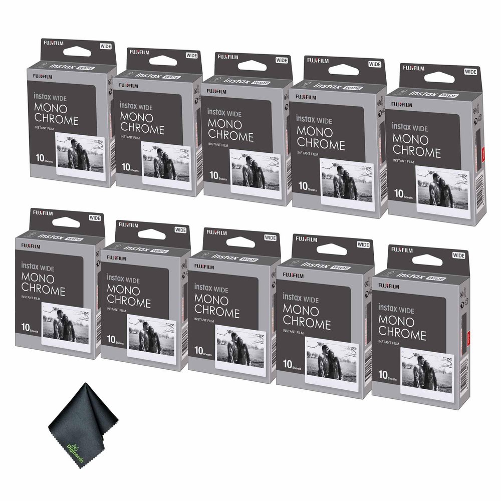 FUJIFILM INSTAX Wide Monochrome Instant Film (100 Exposures) Bundle with Microfiber Cleaning Cloth