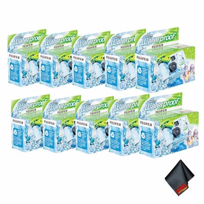 FUJIFILM QuickSnap 800 Waterproof 35mm One-Time-Use Disposable Camera (10x 27 Exposures) Bundle with Microfiber Cleaning Cloth
