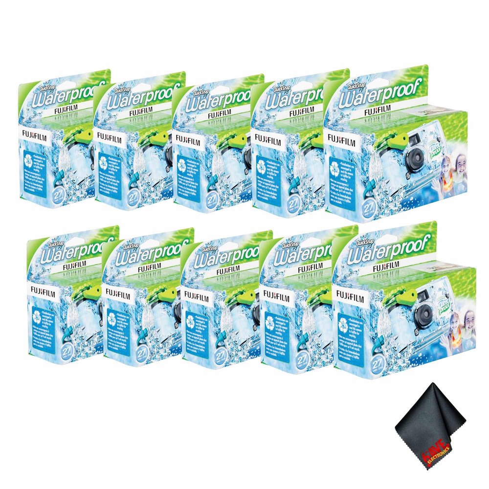 FUJIFILM QuickSnap 800 Waterproof 35mm One-Time-Use Disposable Camera (10x 27 Exposures) Bundle with Microfiber Cleaning Cloth