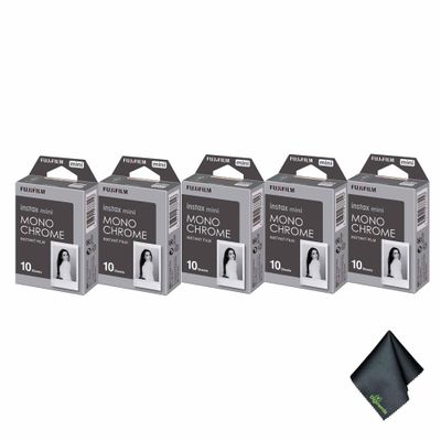 FUJIFILM INSTAX MINI Monochrome Instant Film (50 Exposures) Bundle with Microfiber Cleaning Cloth