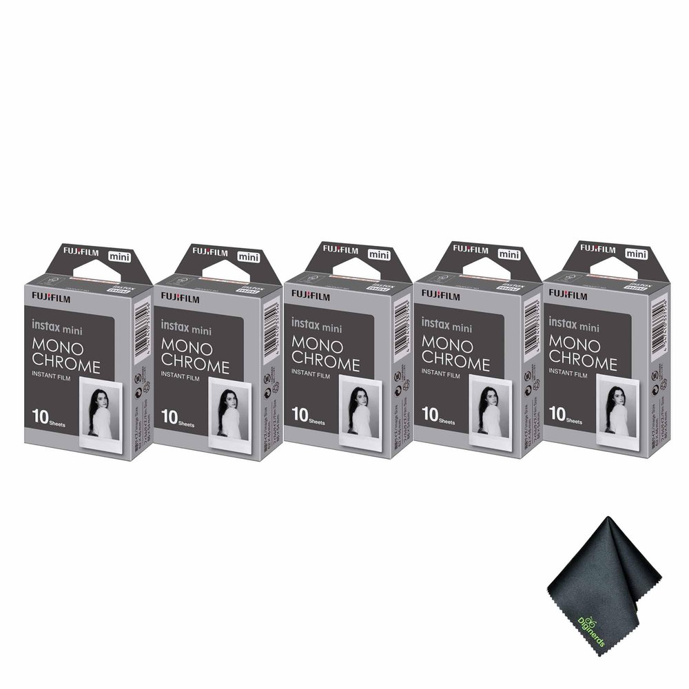 FUJIFILM INSTAX MINI Monochrome Instant Film (50 Exposures) Bundle with Microfiber Cleaning Cloth