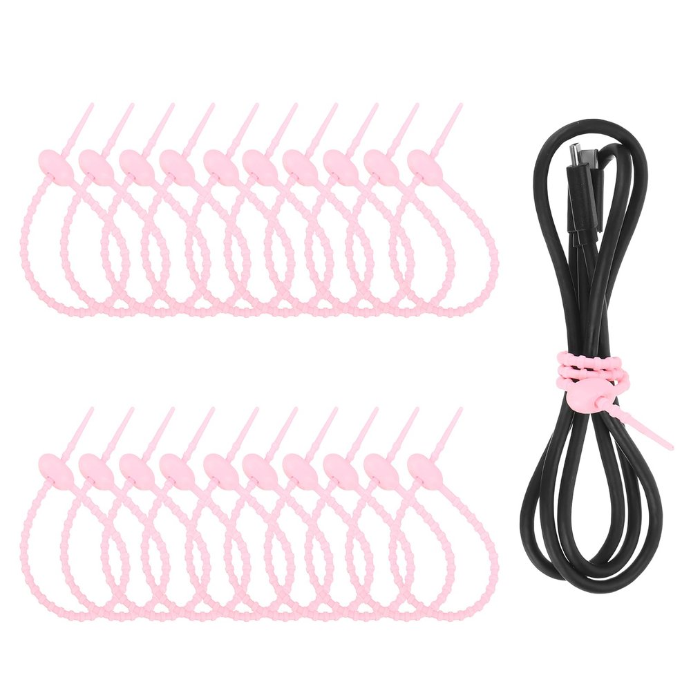 uxcell 20 Pcs Silicone Ties Bag Clip, 8.5 Inch Multi Purpose Silicone Zip Ties Reusable Rubber Zip Tie, Cable Strap Cord Organizer for Home Office Food Bag Wires Cables, Pink