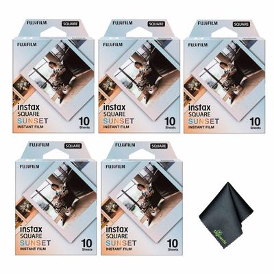 FUJIFILM INSTAX Square Sunset Instant Film (50 Exposures) Bundle with Microfiber Cleaning Cloth