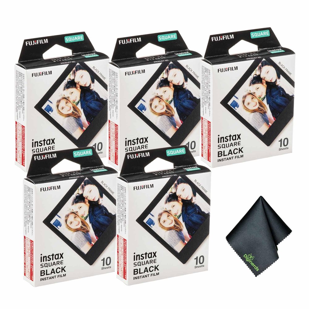 FUJIFILM INSTAX Square Black Instant Film (50 Exposures) Bundle with Microfiber Cleaning Cloth