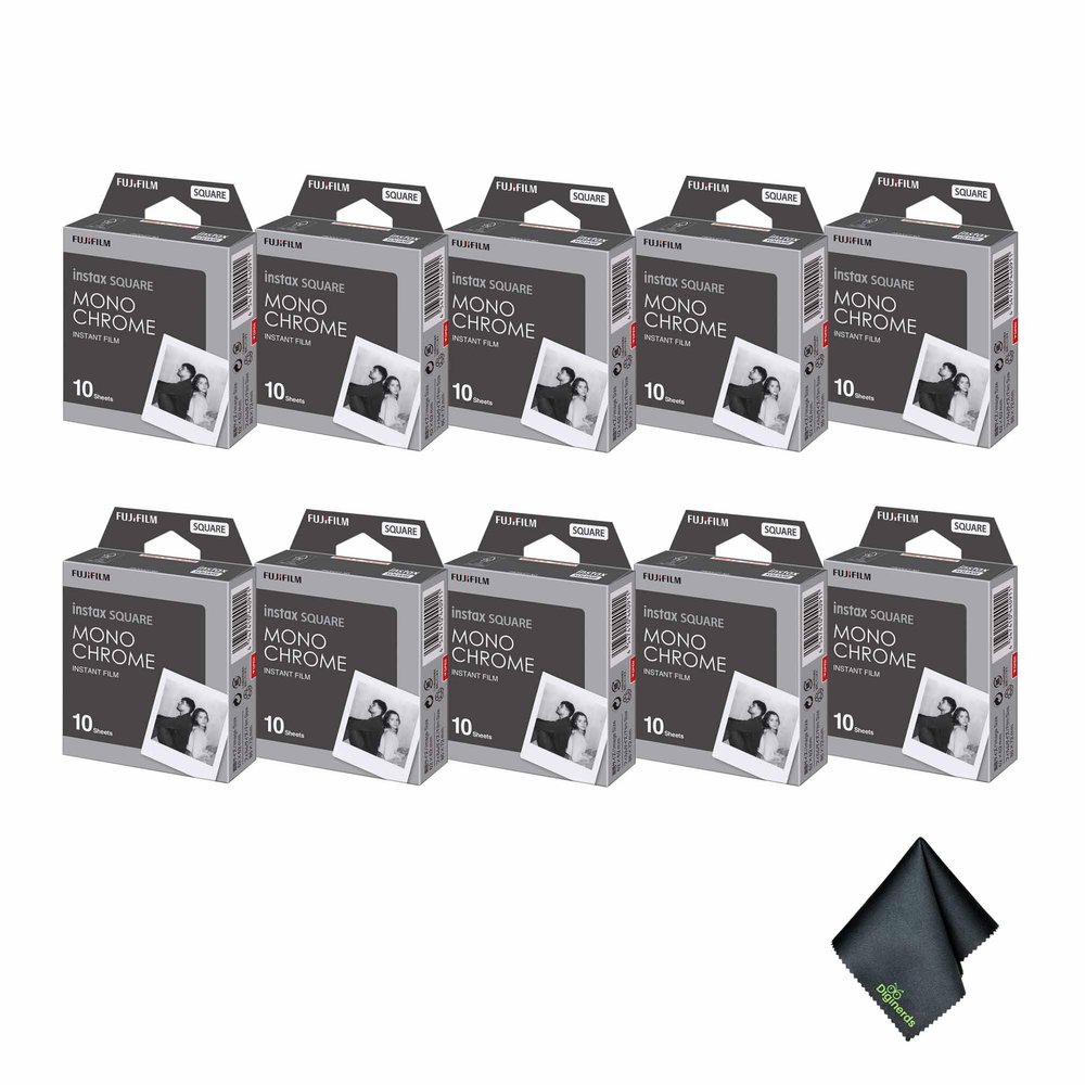 FUJIFILM INSTAX Square Monochrome Instant Film (100 Exposures) Bundle with Microfiber Cleaning Cloth
