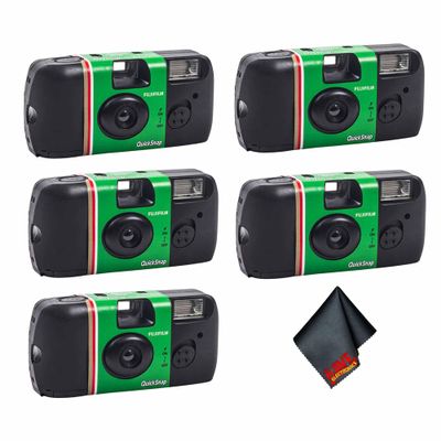 FUJIFILM QuickSnap Flash 400 One-Time-Use Disposable Camera (5X 27 Exposures) Bundle with Microfiber Cleaning Cloth