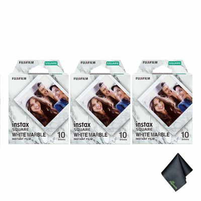 FUJIFILM INSTAX Square White Marble Instant Film (30 Exposures) Bundle with Microfiber Cleaning Cloth